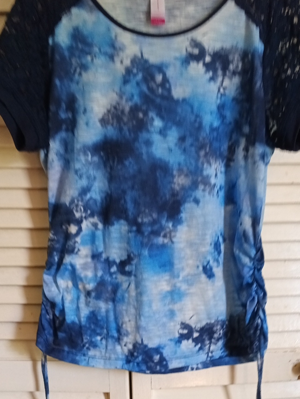 No Boundaries Blue Tie-Dye Short Sleeve Top with Lace Sleeves